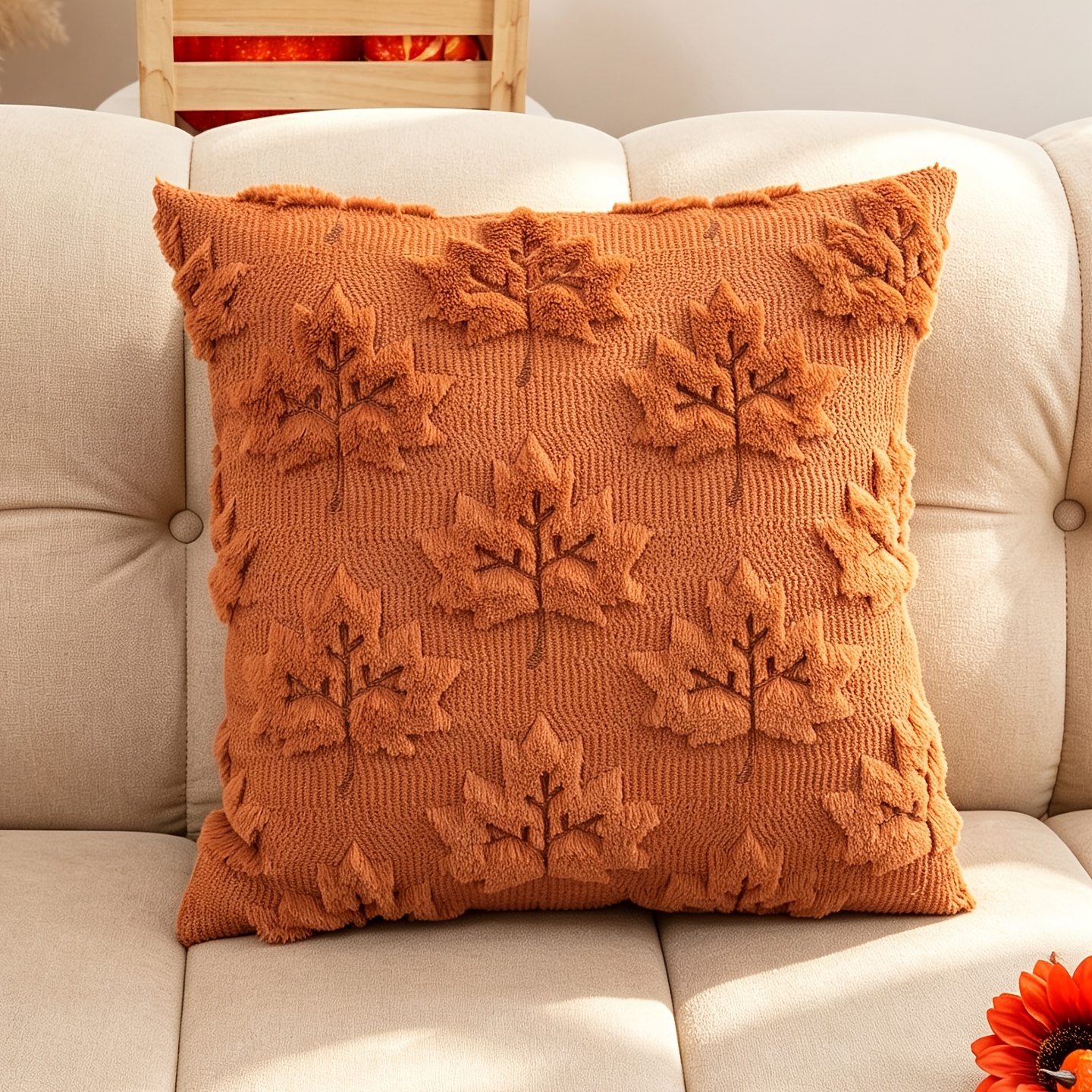 TEMU 1pc Caramel 3d Embroidered Maple Leaf Pillow Cover (no Insert), Themed, Decorative Cushion Cover For Living Room And Bedroom