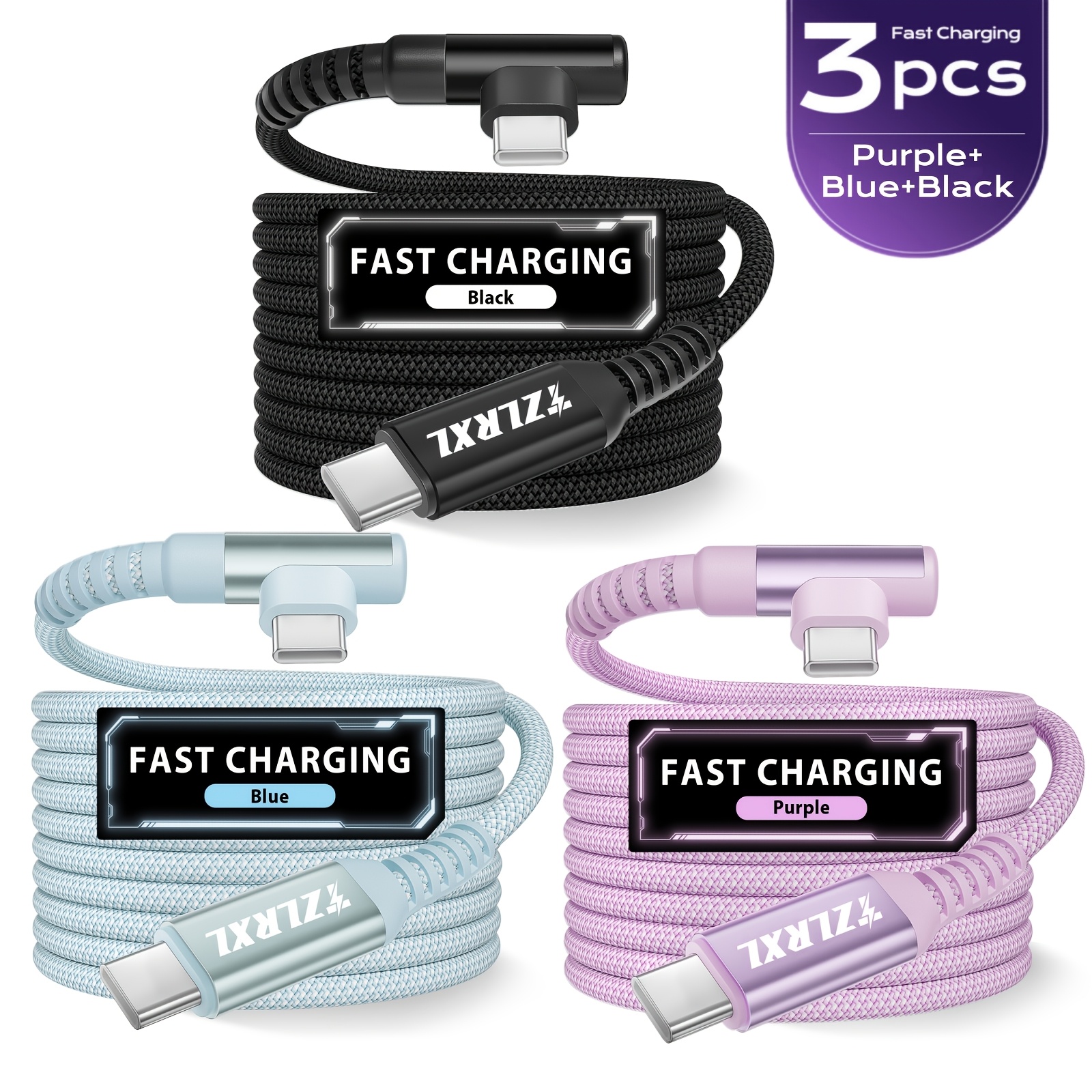 TEMU 3pcs Right Angle Type C To Type C Cable Braided Usb C Charger For , For Huawei, And More Smartphone, Fast Charging