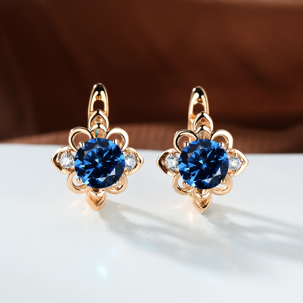 E-shop 1 Paar Herren Bohemian Goldene Synthetische Zirkonia Sonnenblumen-Ohrringe mit Rundgeschnittenen Blauen Steinen – Valentinstag Geschenk Schmuck,