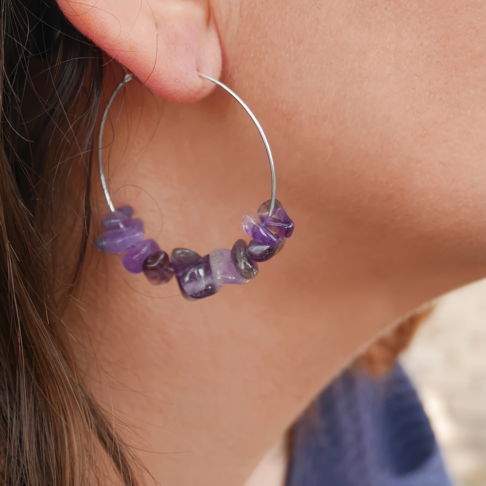 5pcs Boho Stone Earrings Set Amethyst Rose Quartz Mixed Gems Crystal Hoops