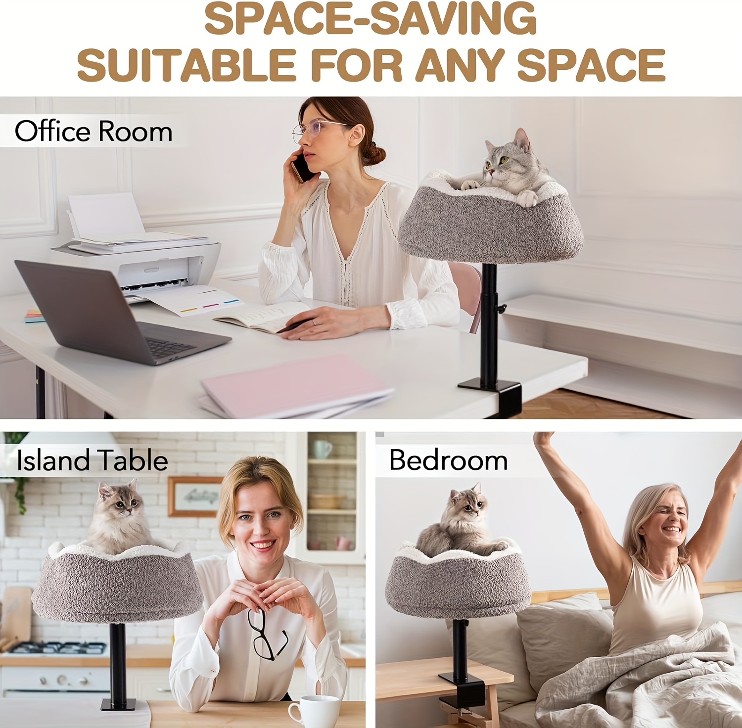   360 rotating adjustable height cat desk bed alloy   removable washable plush perch with wrap around edges ergonomic desktop cat furniture for home office safety       stable structure Product details 3