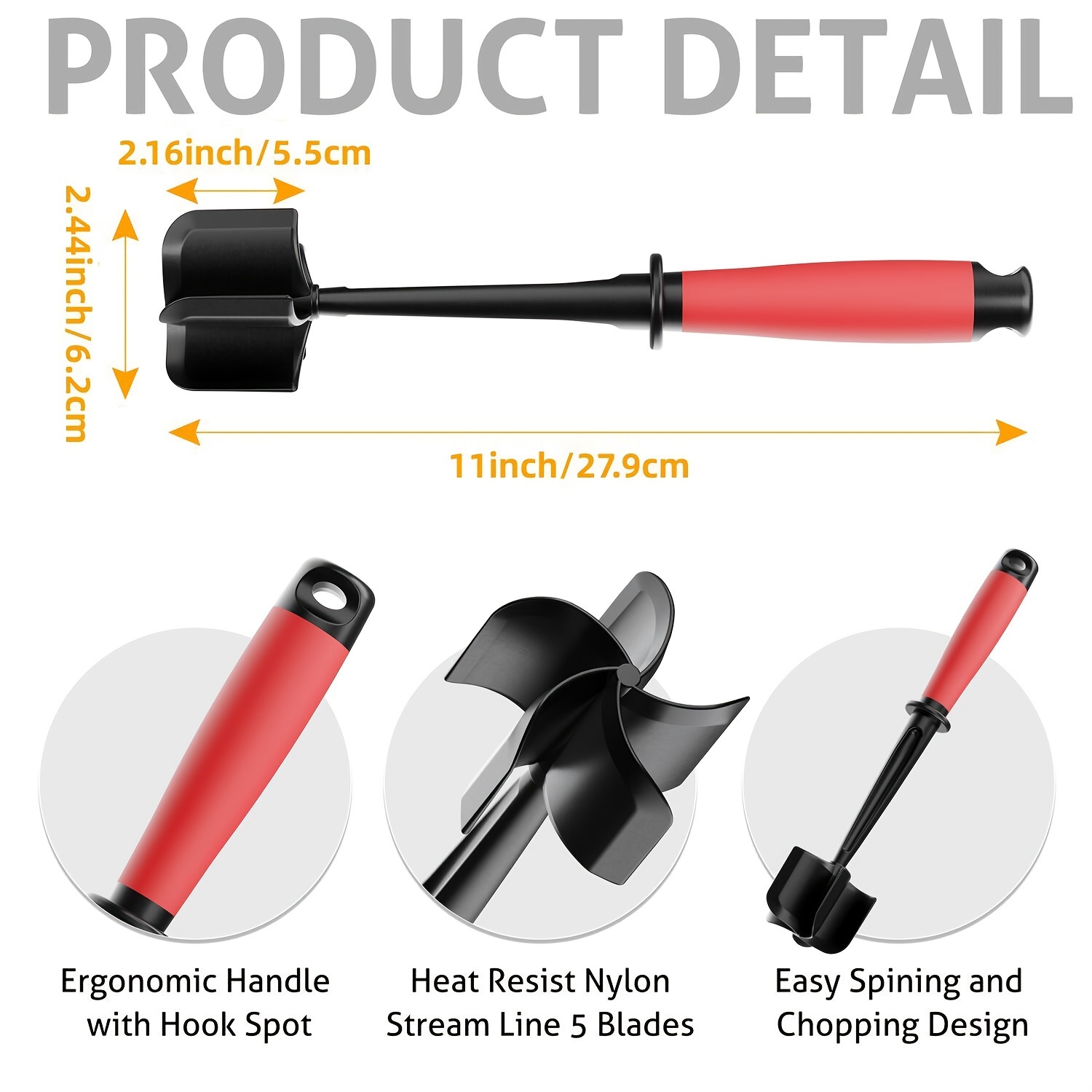 Manual Meat Chopper With 5 Curved Blades - ABERZEY Non-Stick Hamburger Smasher For Ground Beef Heat-Resistant Nylon Kitchen Gadget_voghion.com