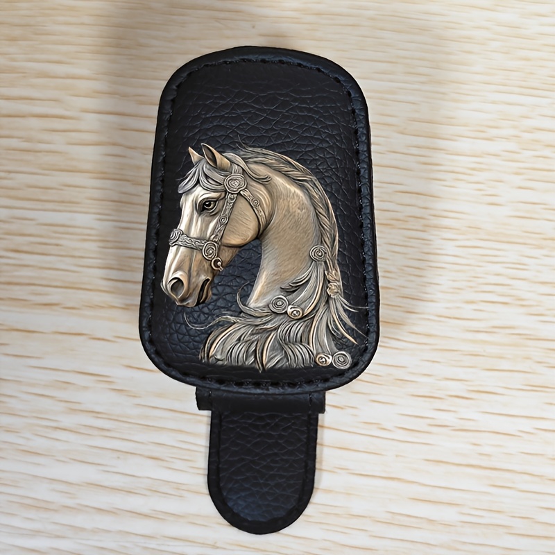 TEMU Portagafas con clip para visera de coche con estampado de caballo al , montura para gafas de PU con gancho magnético, tarjetero y portarécibos