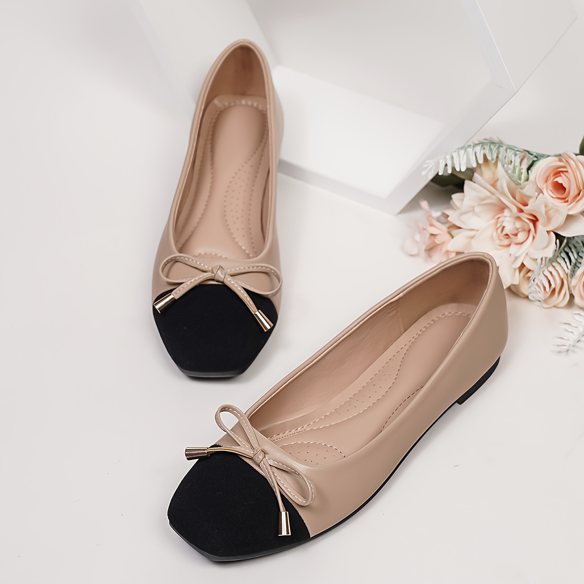 Women'S Slip-On Ballet Flats - Square Toe Soft Sole Casual Shoes with Bow Detail, Synthetic Cover Upper & TPR Sole, All-Season Comfort, Extended Sizes 41-42, Black & Beige, Easy Slip-On Design for Casual Attire, Ballet Shoes, Comfortable Footwear, Elegant Shoe Style, Durable Tpr Sole, Everyday Footwear, Stylish Footwear, Lightweight Construction, Comfortable Flats, Fashion Lovers