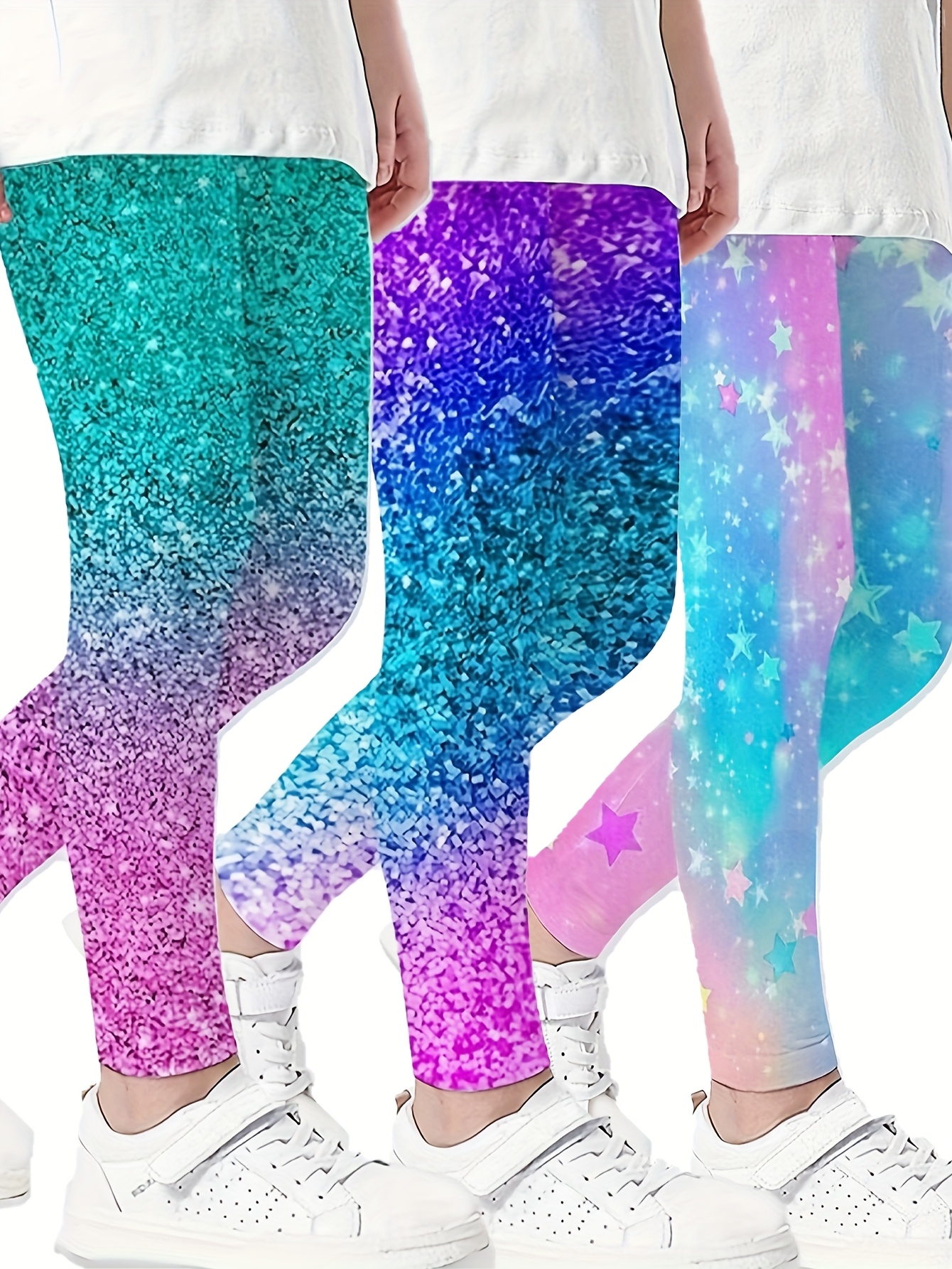 3pcs Girls' Glittery Gradient Leggings - Soft & Breathable 3D Star Print Casual Pants in Teal, Purple & Blue - Machine Washable, All-Season Comfort - Perfect for Parties, Gifts & Casual Attire, Comfortable Fit, Cute Pants