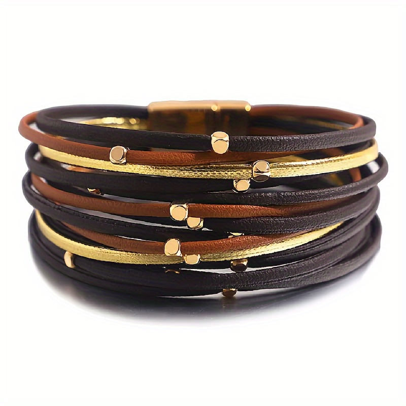 

Boho-chic Genuine Faux Leather Bracelet With Bead Accents - Vintage Style, Magnetic Clasp For Women | & Party Wear