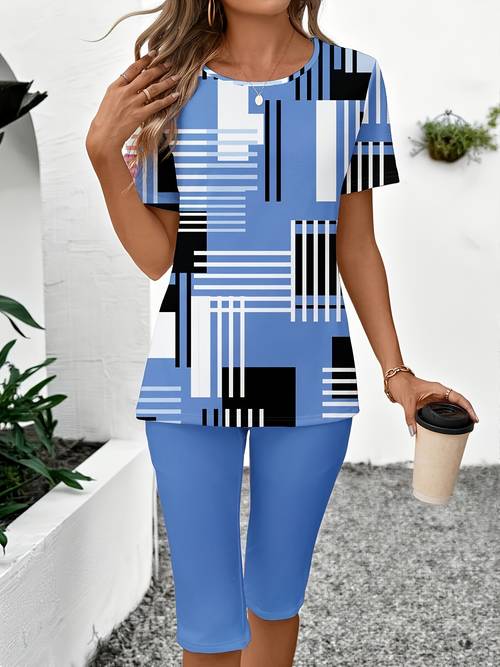womens fashion irregular print t shirt pants set