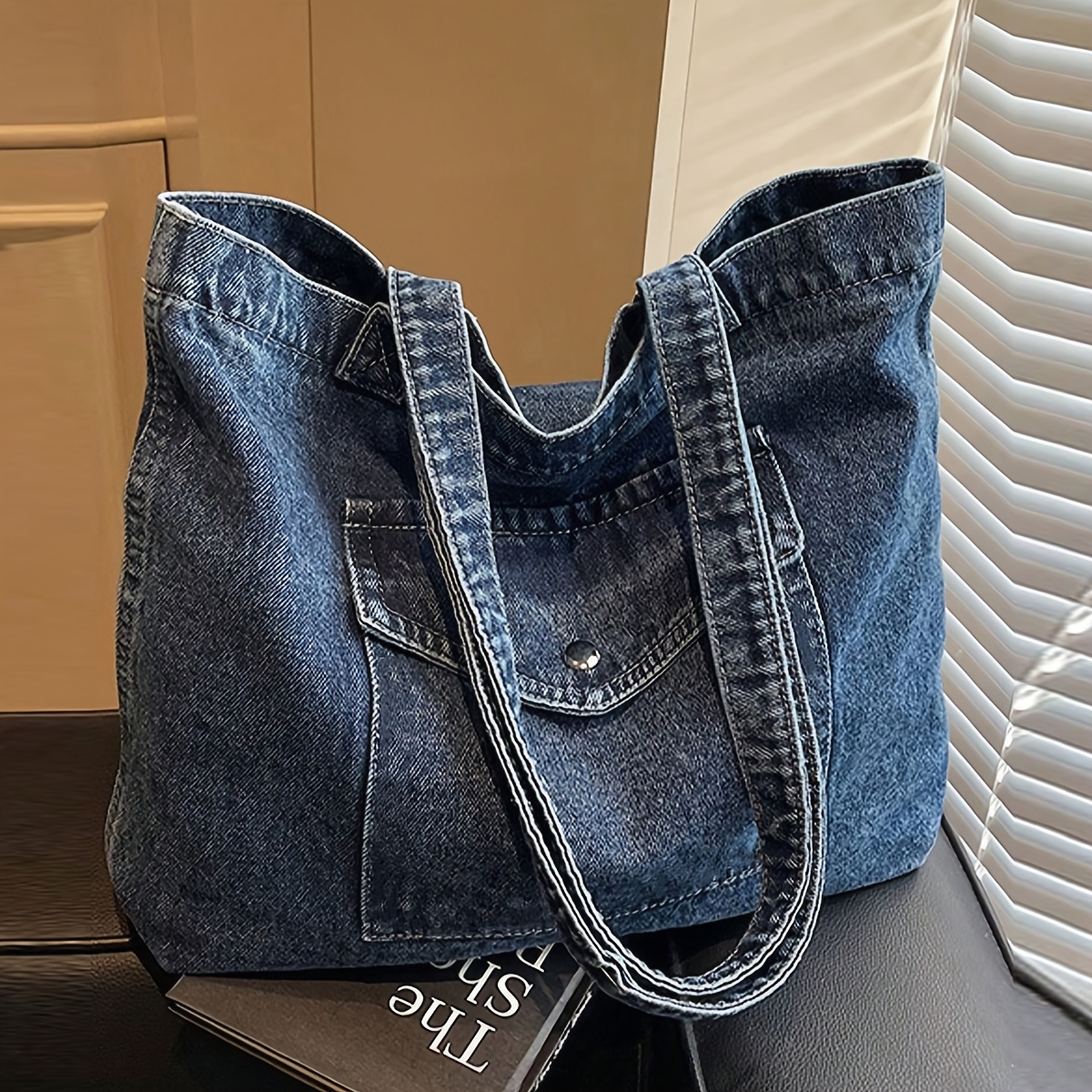 TEMU 1pc Vintage Blue Distressed Style Women's Slouchy Shoulder Bag, Large Capacity Soft Lightweight Crossbody Bag, Zipper Closure, College Style