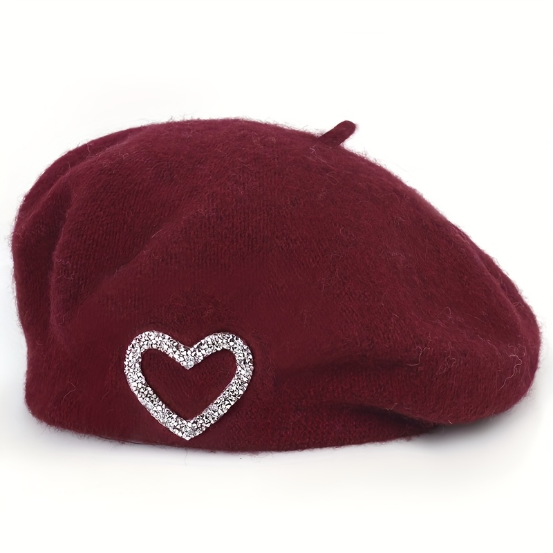 TEMU 1 Stück Herz Strass Herbst Winter Einfarbig Wolle Baskenmütze Damen Hut Damen Hut Mehrfarbig Optional