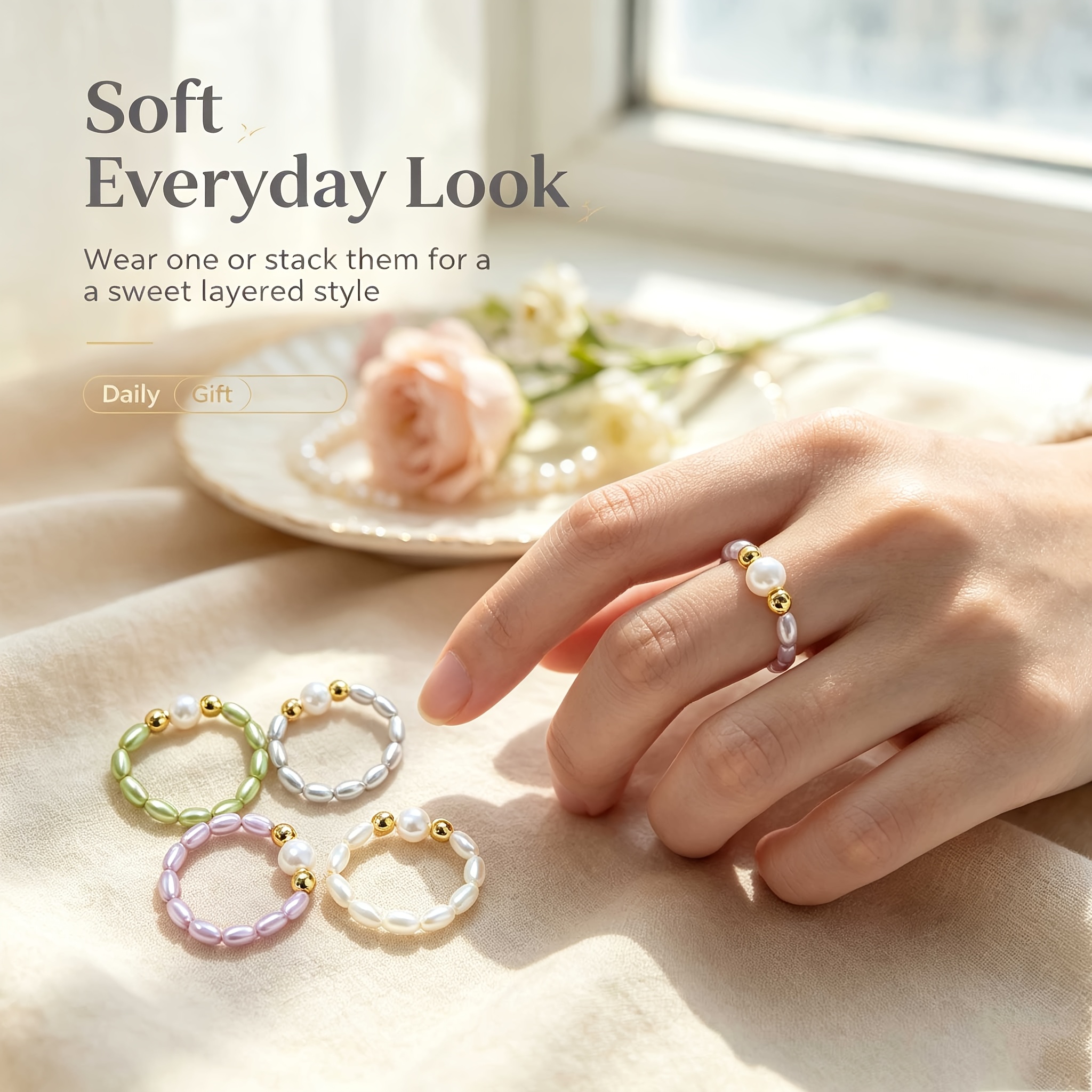 4pcs Elastic Beaded Women Ring Set with Gift Box, Friendship Gift