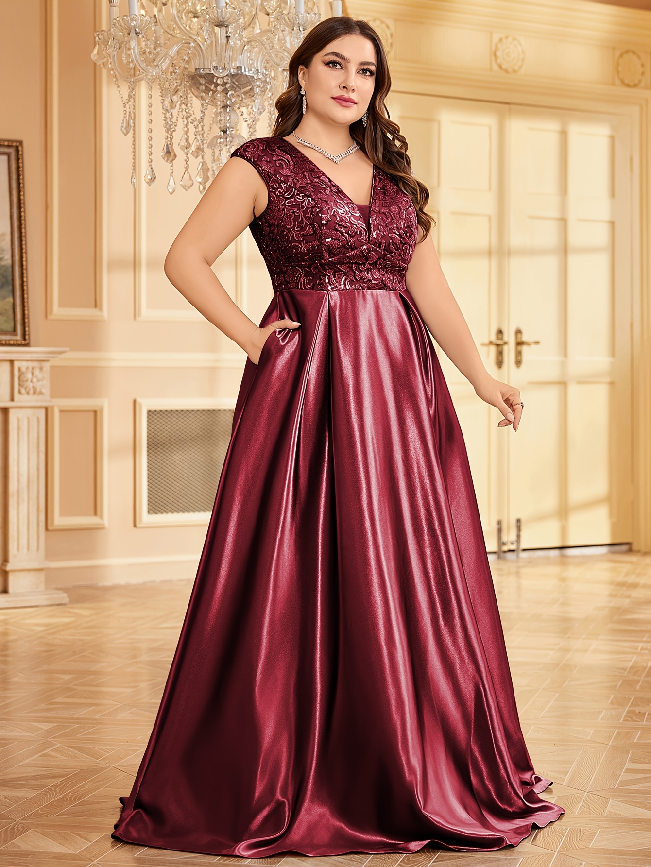 Plus Size Sparkling Sequin V neck Formal Dress Elegant Sleeveless Ball Gown For Party Banquet Women s Plus Size Clothing