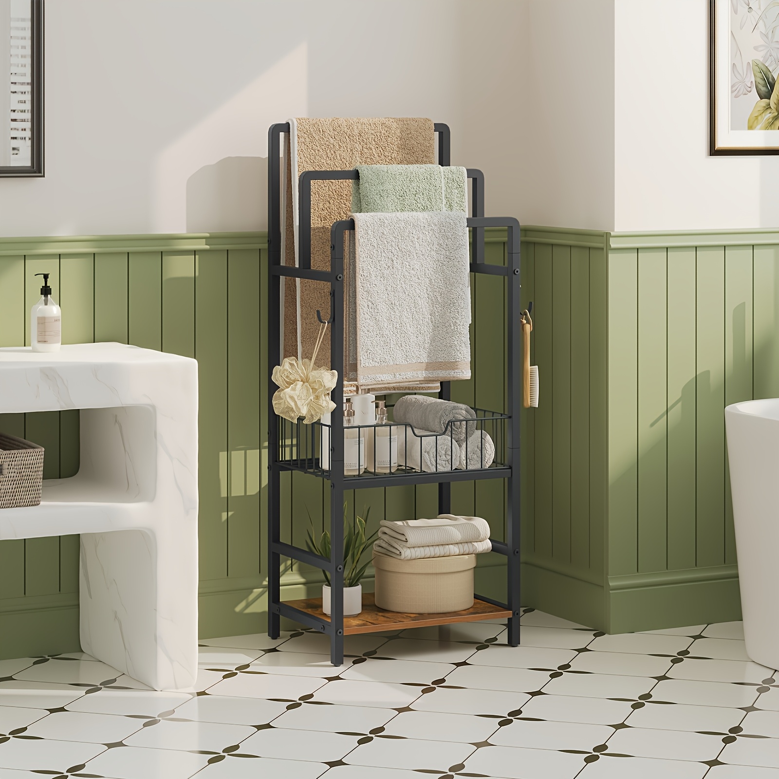 Image of Blanket Stand, Towel Rack, Featuring 2 Storage Shelves And Hooks, Made Of Metal, With Wooden Slats, 101cm High, Suitable For Living Room, Balcony, Bedroom, Etc, Towel Racks