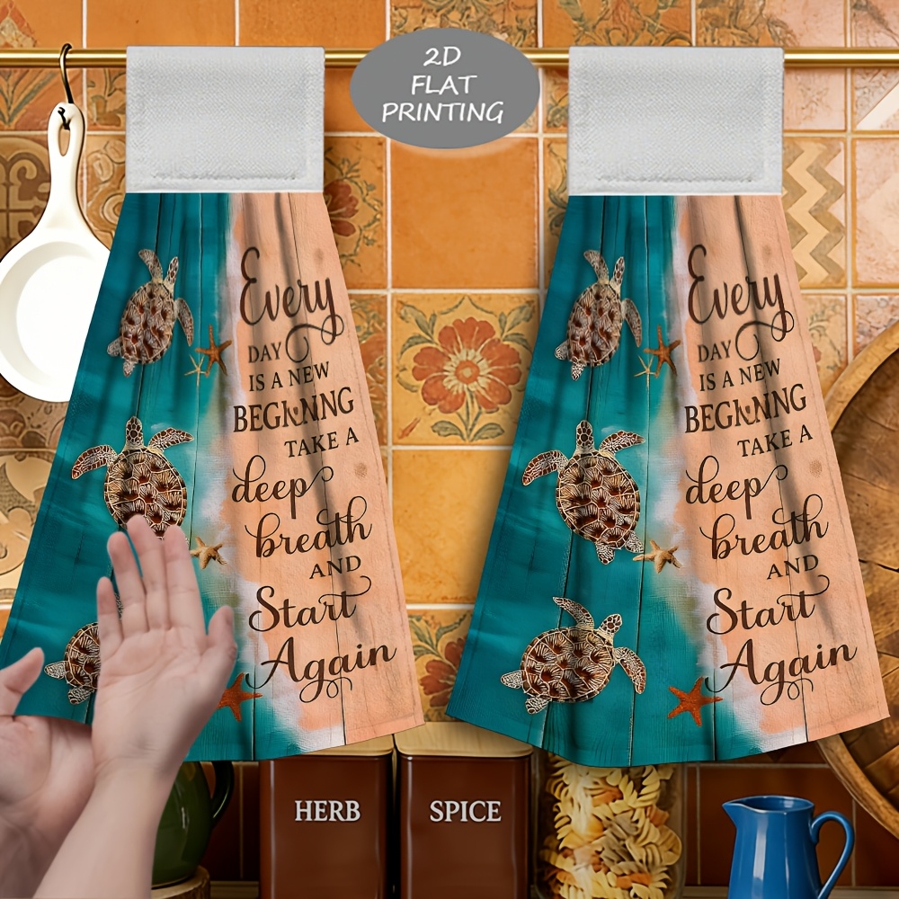 TEMU 2pcs Sea Turtle Starfish Wooden Background Pattern Print Hanging Hand Towel Cleaning Towel, Soft Microfiber, Exquisite , Soft And Skin-friendly,