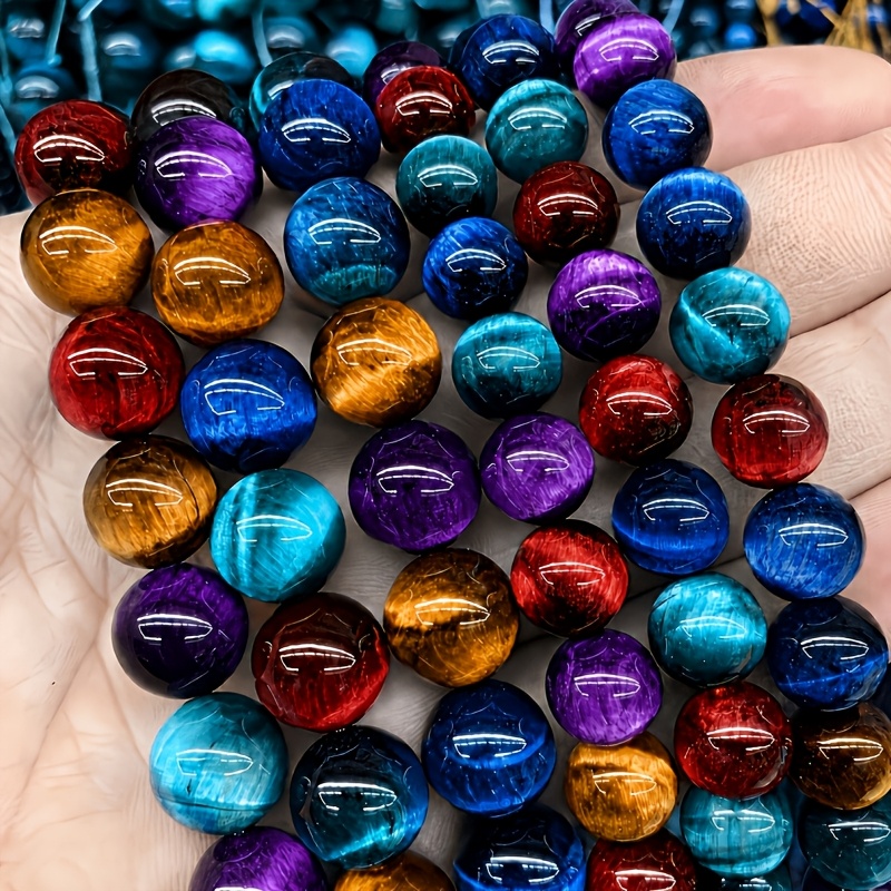 Image of 59pcs Tiger Eye Round Beads, Glass Material Beads, 5 Colors Of Tiger Eye Beads Mixed Bracelet Necklace Bead Additions