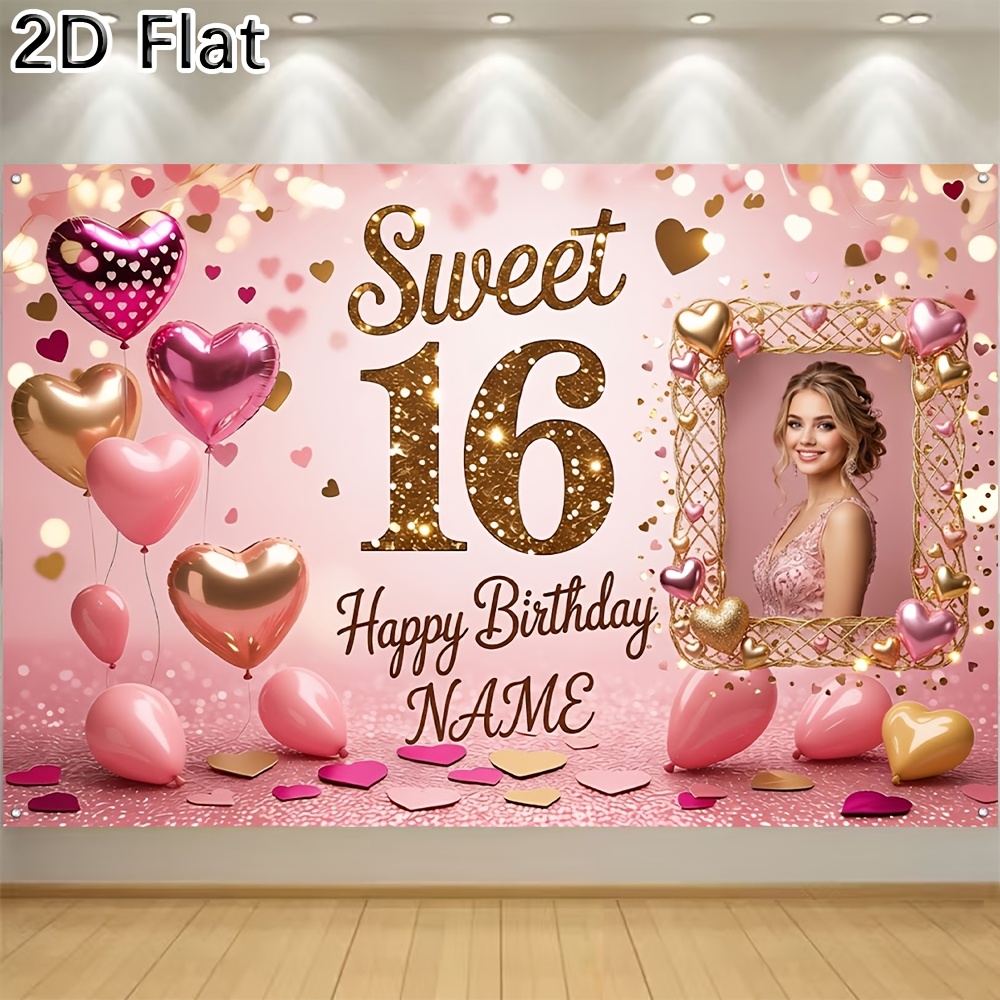 TEMU 2d Flat - 2d Flat - 1pc [2d Flat] Banner Sweet 16 Happy Birthday Customizable Name Photo Frame Backdrop With Heart Balloons Golden Glitter