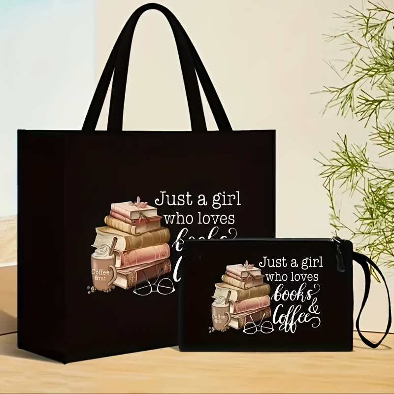 E-shop 2er-Set modische Tragetaschen, geeignet für Buchliebhaber und Kaffeeliebhaber, großes Fassungsvermögen für Reisen, strapazierfähig,