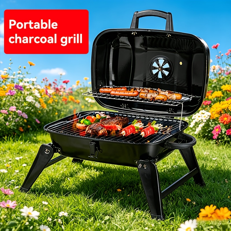 Adjustable Portable Charcoal Grill – 3-in-1 Hibachi Smoker & Barbecue, Side-Serving Mini Grill, Metal Tabletop BBQ – For Camping, Picnic, Backyard, Beach (Black)
