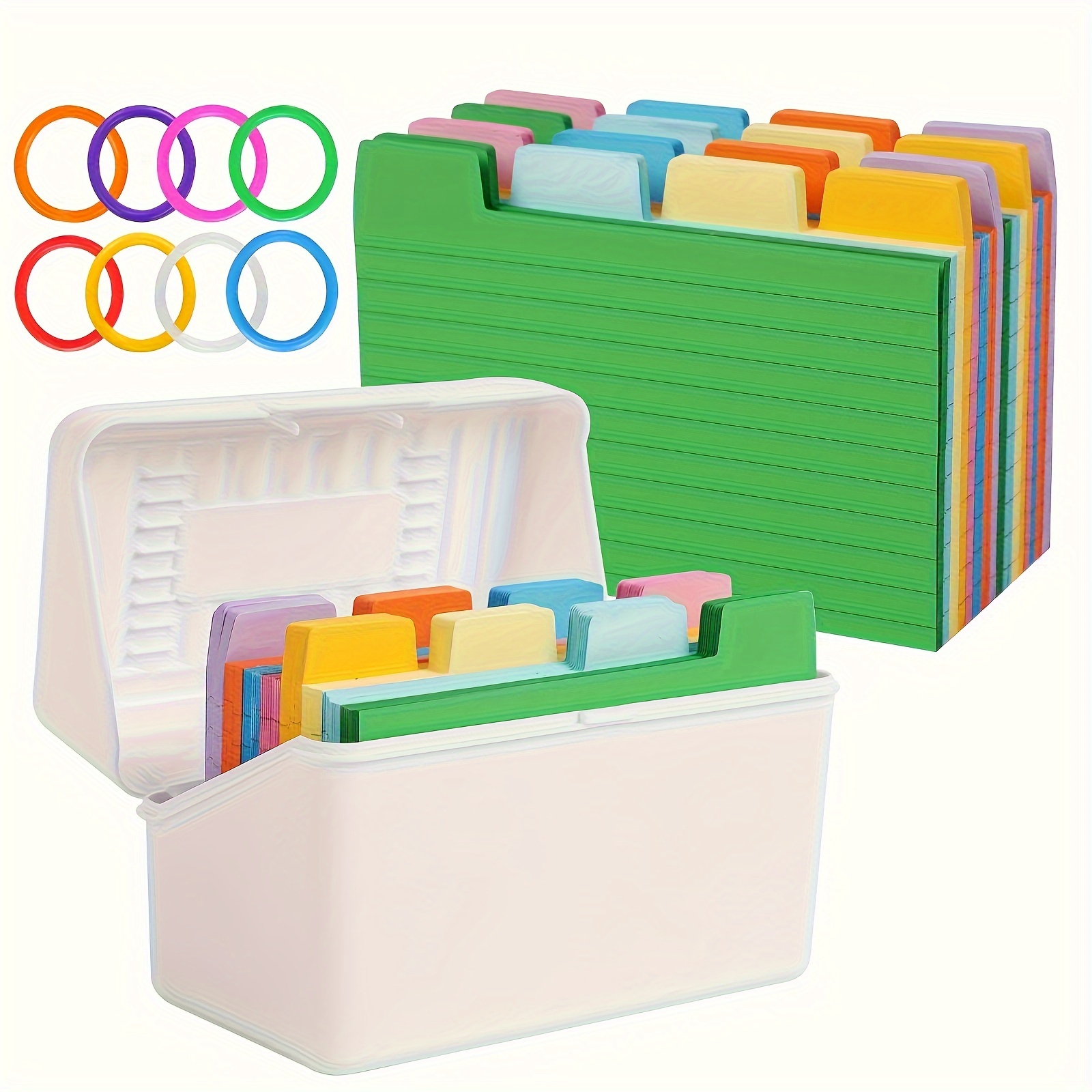 

200pcs Index Cards, 3x5 Inches Colored With 8pcs Rings & 1pc Index Card Box, Note Cards Punched For School Learning, Office And Home Uses