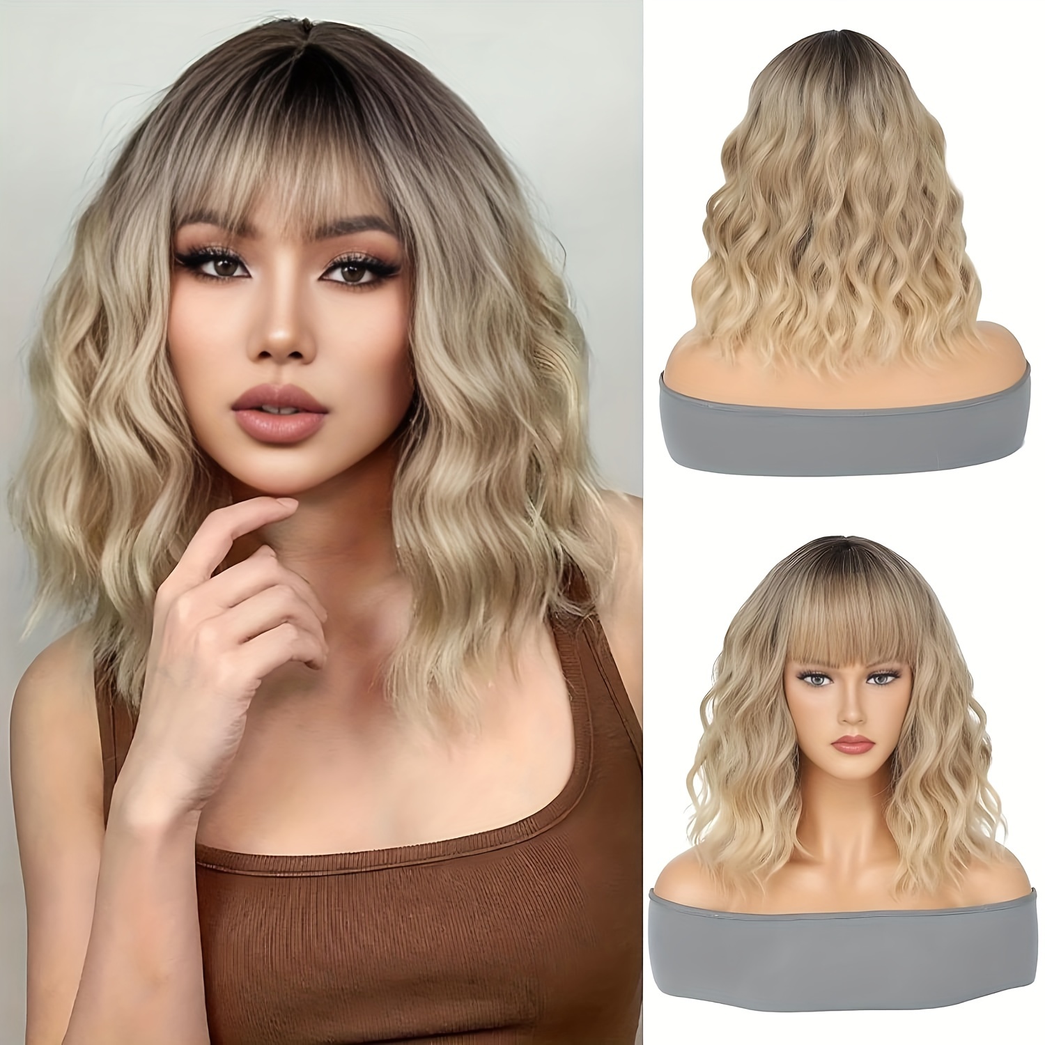 chic ombre blonde bob wig bangs women 14 short curly wavy  display picture 3