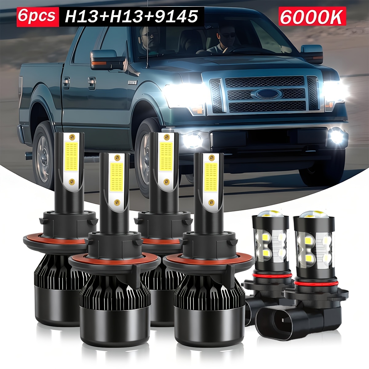 TEMU 6pcs, 2004-2014, H13 High Beam+h13 Low Beam+9145/9006 Fog Lamp Bulbs, Led Headlight Bulbs, , 6000k Cool White/8000k , Plug And Play, 1:1 Original Bulb, Automotive Bulb, Long , Without Battery