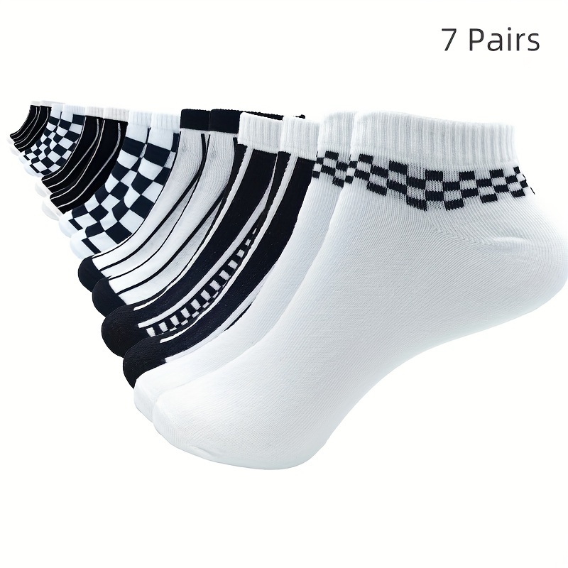 

3/5/7 Pairs Checkered Print Socks, Stylish & Breathable Ankle Socks, Women's Stockings & Hosiery