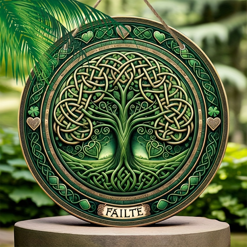 

Tree Of Life Welcome Sign - 8x8" Wooden Wall Decor With Emerald Green Knot, Irish "fáilte" Wreath For Front Door, Home & Holiday Decoration