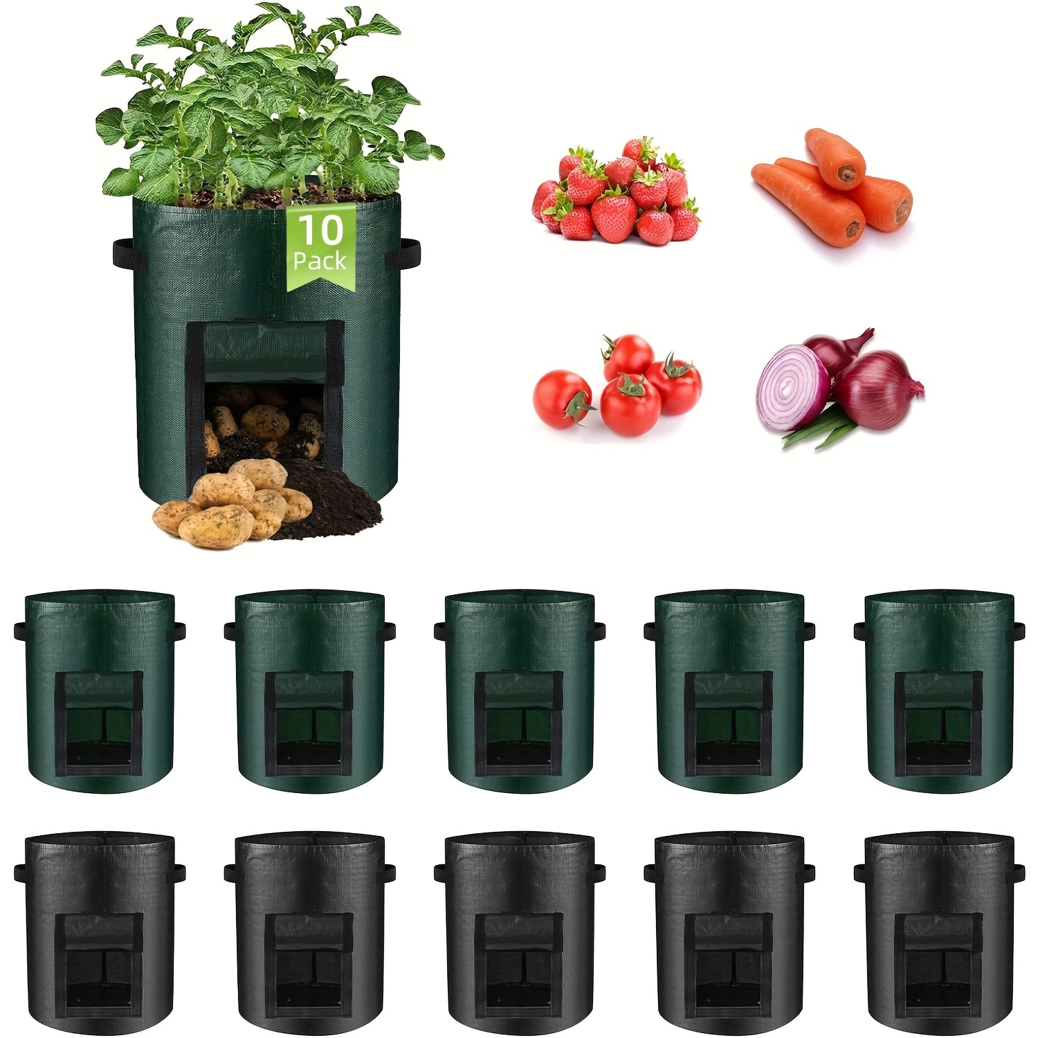 

10pcs Sacs de de Pommes de - 7 & 10 Gallons, Tissu PE avec & Poignée pour une Récolte Facile - Parfait pour les Oignons, Tomates, Fruits, Carottes & Fleurs - Vert Foncé & Noir