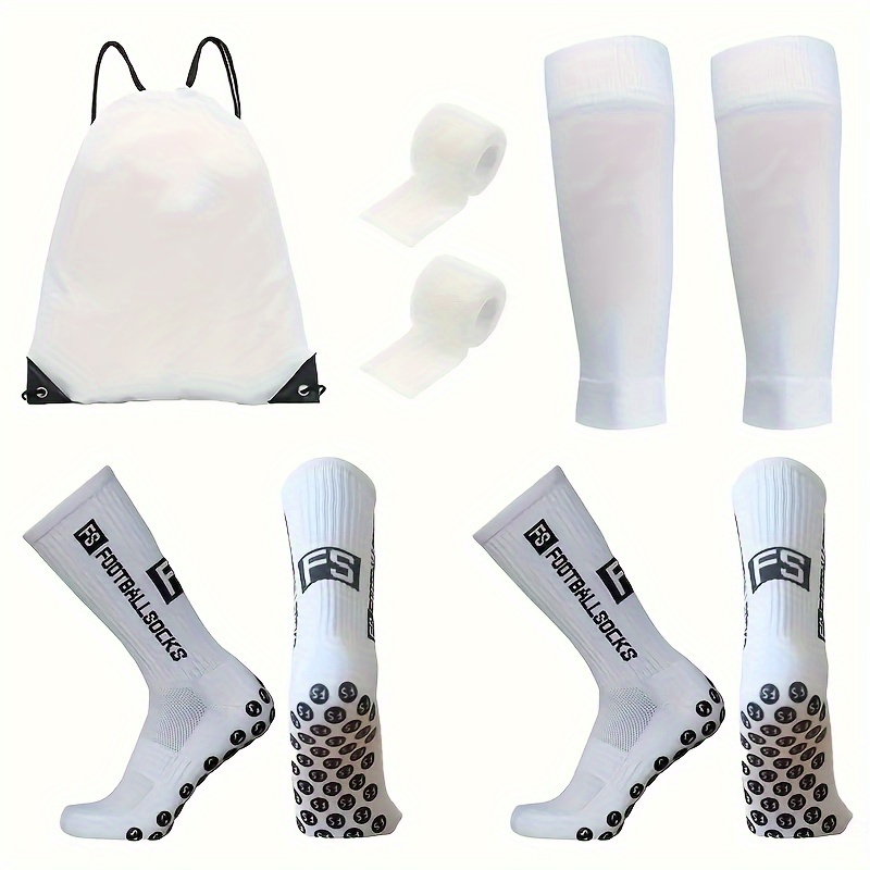 

5-piece Men's Athletic Soccer Socks Set With Sports Strapping Tape, Calf Sleeves, And Drawstring Bag - 90% Polyester, 10% Spandex Knit Tube Socks For Training &