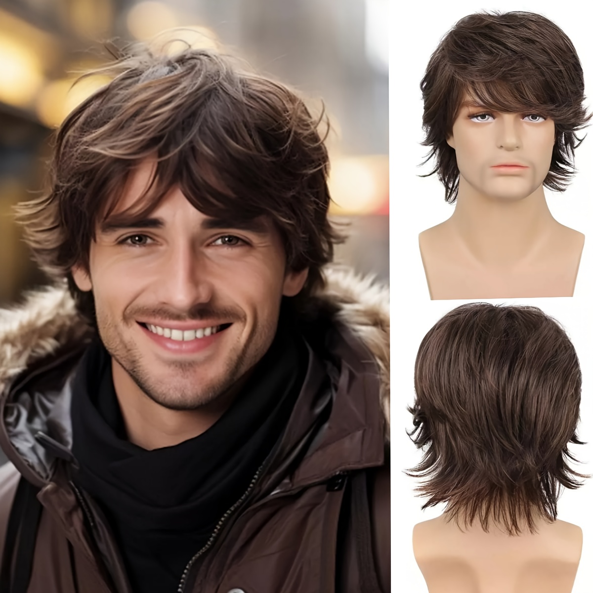 TEMU Men's Short Brown Side Part Matte High-temperature Fiber Wig, Body Wave Style, Basic Cap Heat-resistantwig With Bangs European Style For Daily