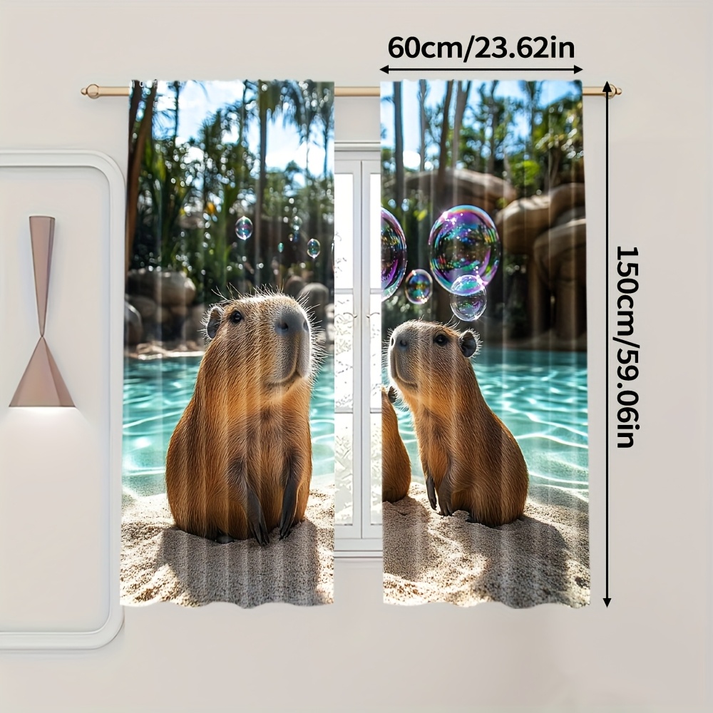 TEMU 2pcs Curtain Set: Capybara Family With Bubble , Thermal Insulation & Blackout Function â Ideal For Bedrooms And Room Types (no Rod Or Battery