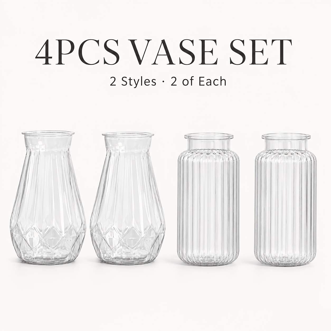 TEMU 4pcs Small Clear Plastic Vase Set, 2 Styles Mini Transparent Flower Vases For Fresh, Faux & Dried Flowers, Tabletop Centerpieces For Wedding,