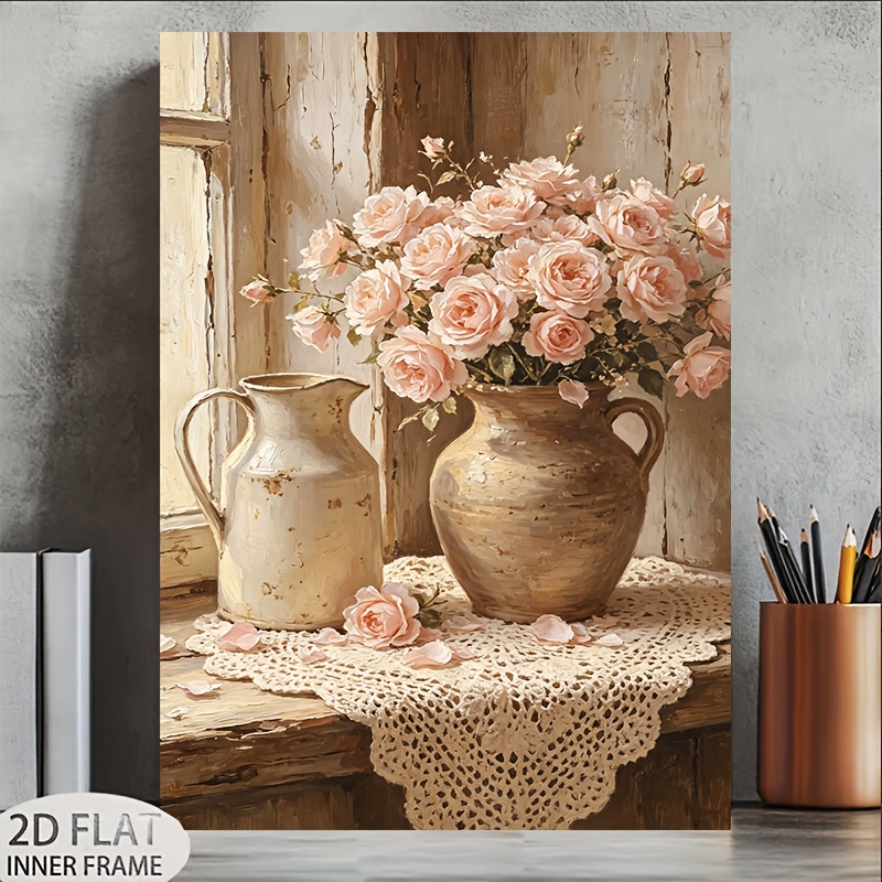 TEMU 2d Flat, Posters And Prints, 2d Flat Canvas Painting, 1pc Framed, Pink Rose Floral Still Life, , , Durable, Reusable, Easy To Hang, Window Wall