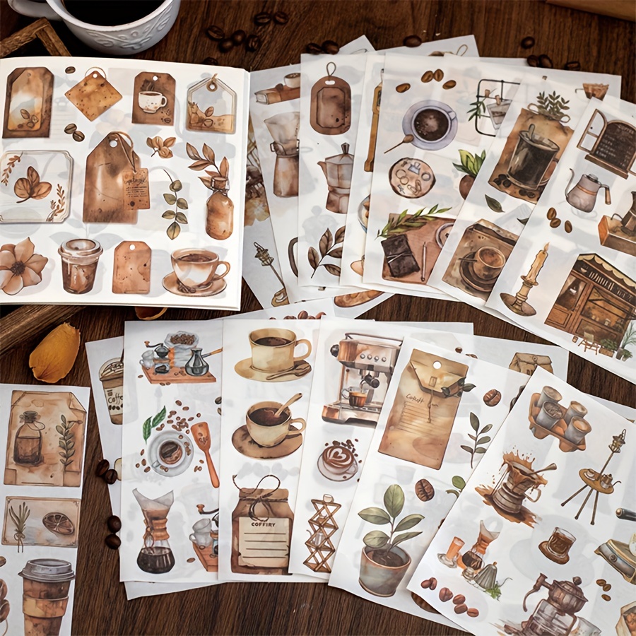 Libro Adesivi Per Scrapbooking A Tema Caffè, 54 Fogli In PET E Washi, Vintage, Per Diario E Junk Journal - 5