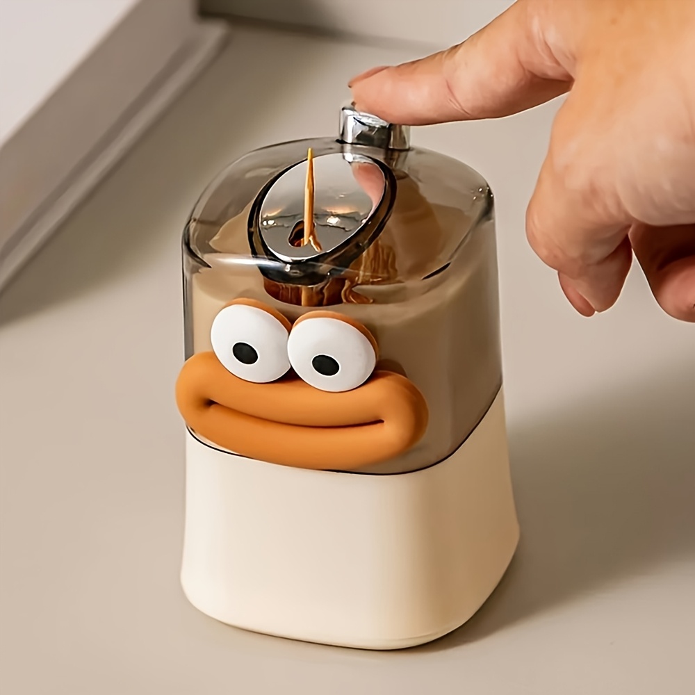 1pc Plastic Automatic Pop-Up Toothpick Dispenser, Press-Type, Creative and Cute, with Fun Cartoon Sticker, for Home, Kitchen, Dining Table