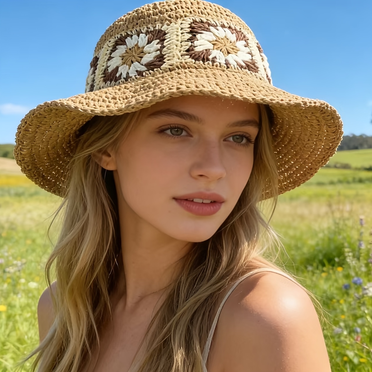 TEMU 1pc Women's Summer Fisherman Hat, Natural Breathable Material With Floral Plaid Color Block Detail, Wide Brim, Lightweight Portable For Beach