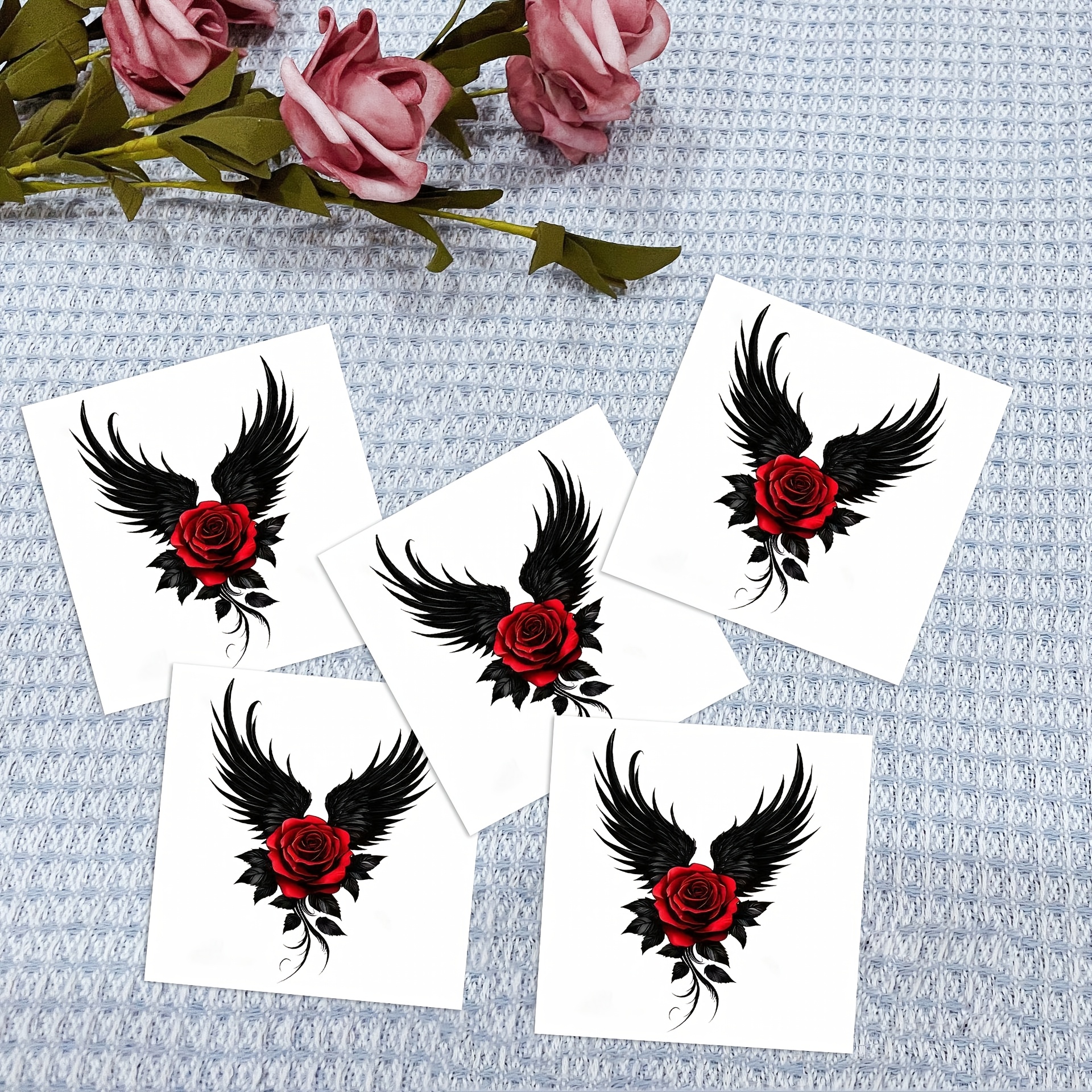 TEMU 5pcs Yakago Temporary Tattoos Suitable For - Waterproof Long Lasting Gothic Red Rose & Tattoo Stickers, Vintage Fake Body Art For Parties,
