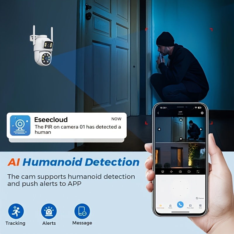 dual lens security camera outdoor 2 4g 5g wifi home surveillance camera 355 panoramic view ptz cctv camera motion detection two way audio night vision sd cloud storage requires payment eseecloud app details 4