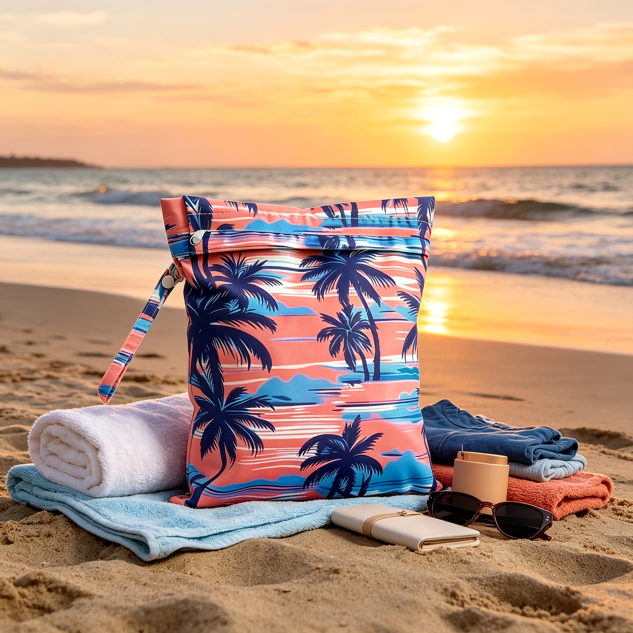 Reusable Wet Storage Bag with Tropical Palm Print Pattern, Designed for Diaper Storage. Dimensions: 9.84in*12.2in. Perfect for Storing Swimwear, Travel Essentials, Beach Items, and Pool Supplies. Ideal for Themed Gifts and Holiday Presents
