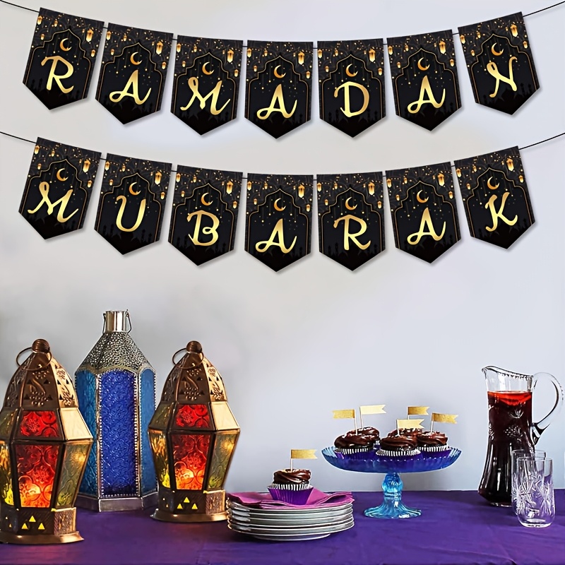 Bannière Eid Mubarak Eid Mubarak Banner, Eid Mubarak Decorations Eid Mubarak Bunting Garland Blue Glitter, Ramadan Hajj Mubarak Kareem Decorations For Home Office Muslim Islamic Party Supplies Decoration Aid