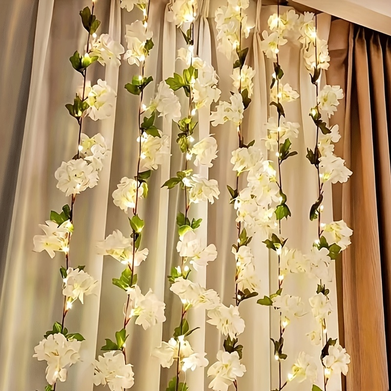 TEMU Led Simulated White Cherry Vine String Lights With Leaves, Outdoor String Lights, Battery (batteries Not Included), Artificial Hydrangea Vine,