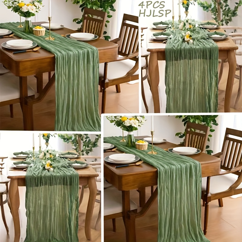 TEMU 4/10pcs Sage Green/beige Polyester Gauze Table Runner, Bohemian Style Christmas Table Decoration, Romantic Wedding Decor Bridal Party Dining