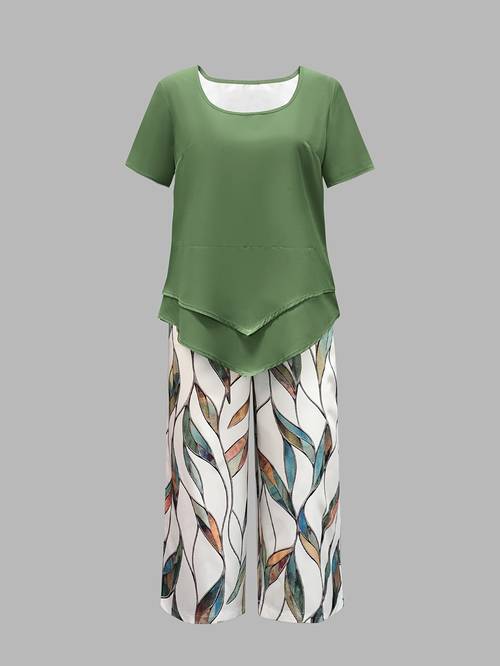 lässiges damen kurzarm-top in unifarben und capri-hose mit blumenmuster