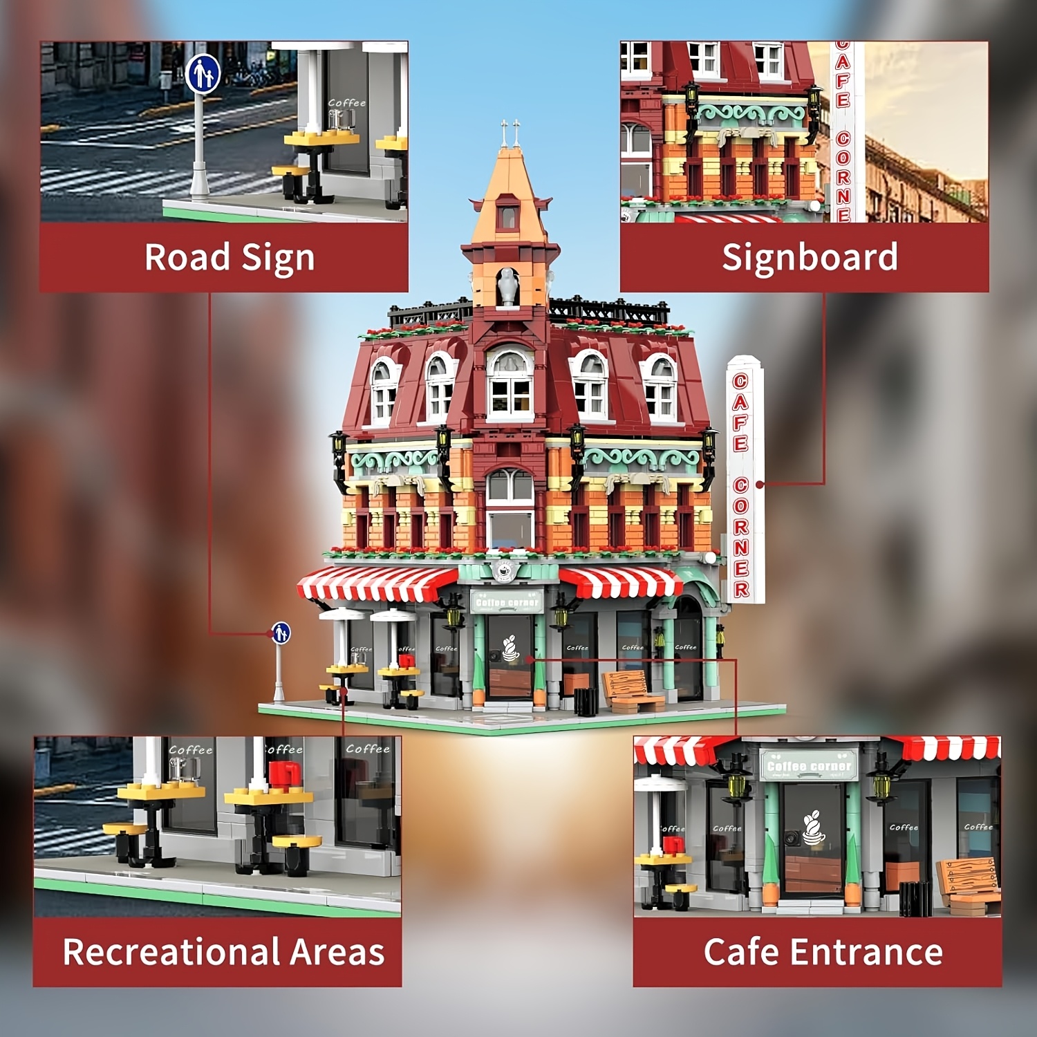 Urban Large Cafe House Building Block Set, Corner Hotel Street Scene Assembly Model, Three-story Building, High-difficulty Assembly, Ideal Independence Day Gift, Christmas, Birthday Gift 1950+pcs