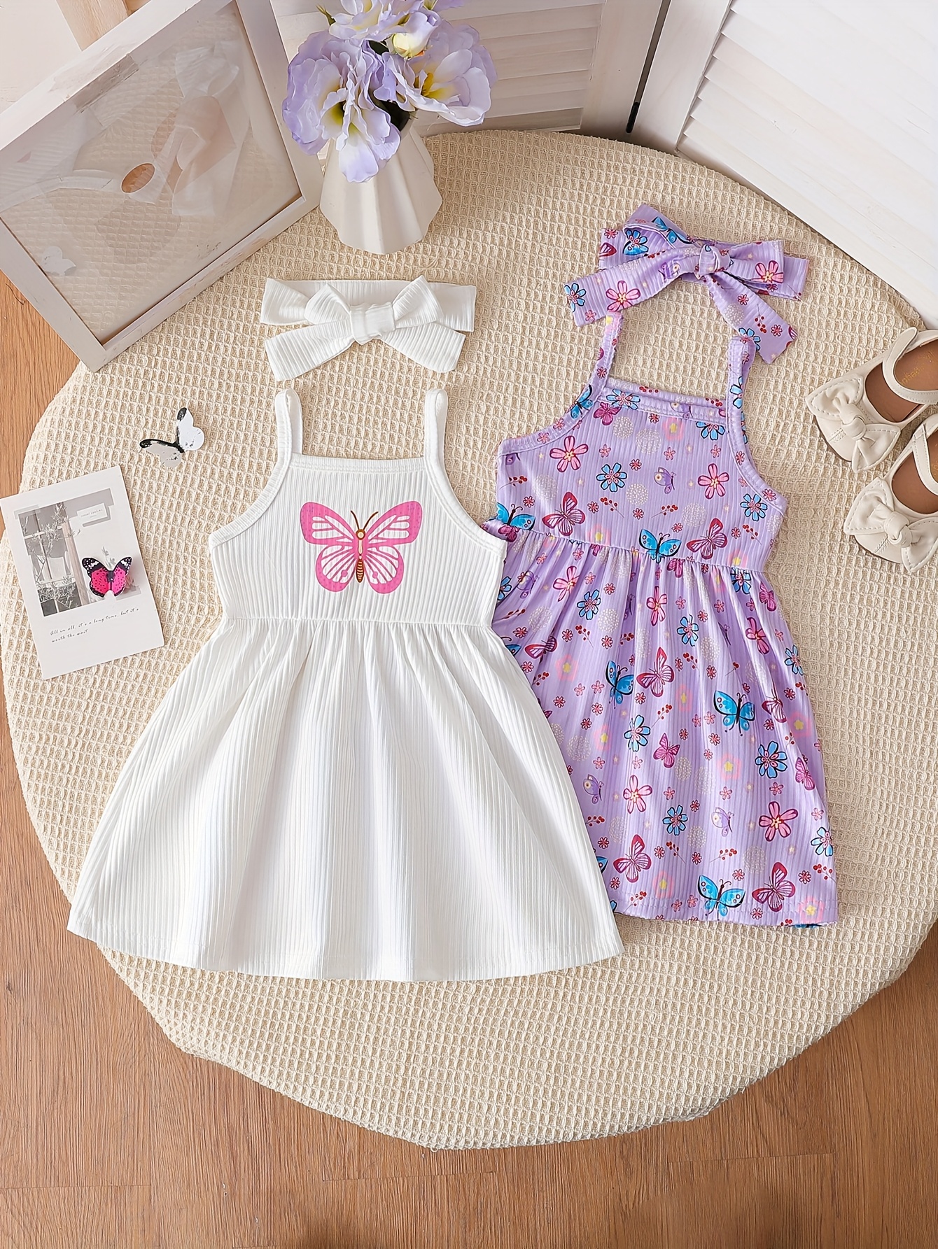 two-piece set: baby girls' summer lady solid color ribbed round neck drop  shoulder dress + pattern dress combo | Shop On Temu And Start Saving | Temu