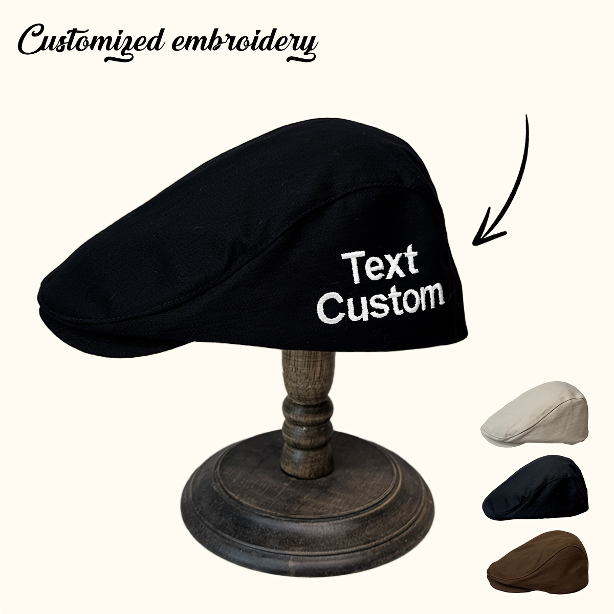 TEMU 1pc Solid Color Custom Embroidered Newsboy Cap - Stylish And Minimalist Painter Hat For Casual Attire