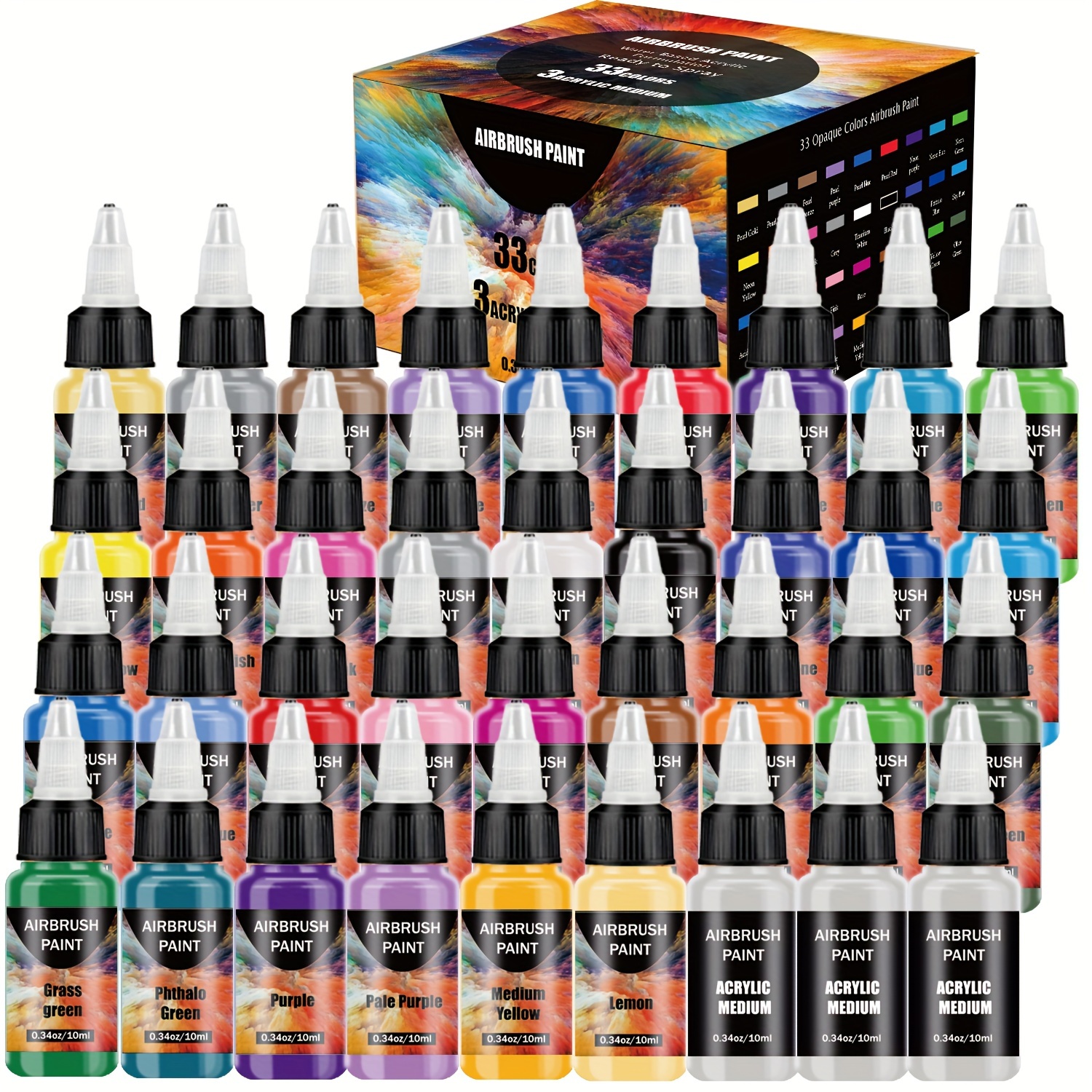 

Airbrush Paint, 33 Colors With 3 Airbrush Paint Set, Water-based Paints Acrylic Ready To Spray Includes Metallic & Neon Colors, 10ml/bottle