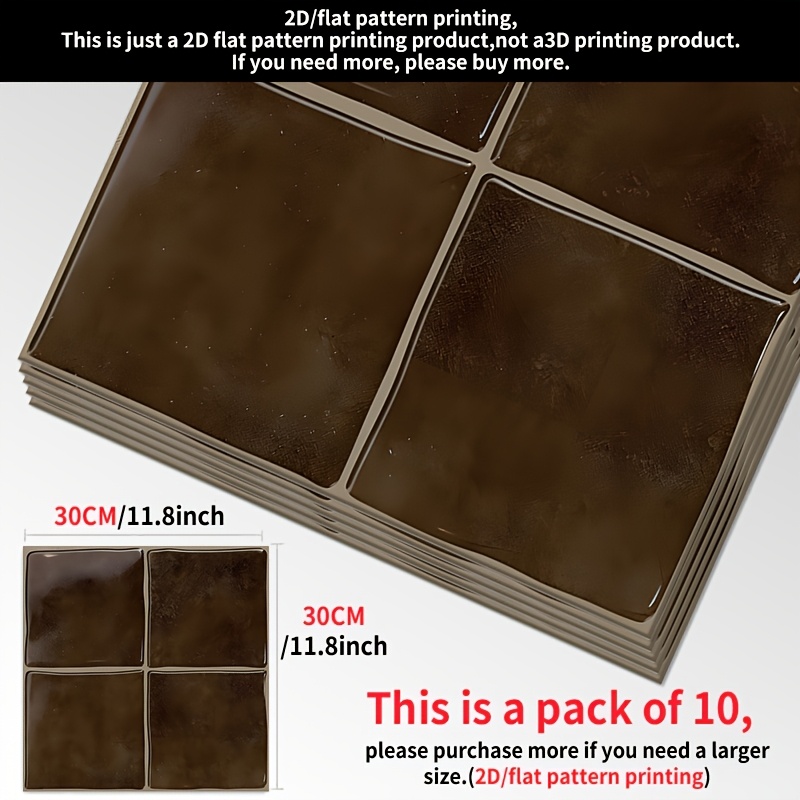 TEMU 10 stuks zelfklevende vinyl vloerstickers, 30,0x30,0cm 2D plat, donkerbruin met subtiele textuur, vierkant tegelontwerp met lichtgrijze voegen,