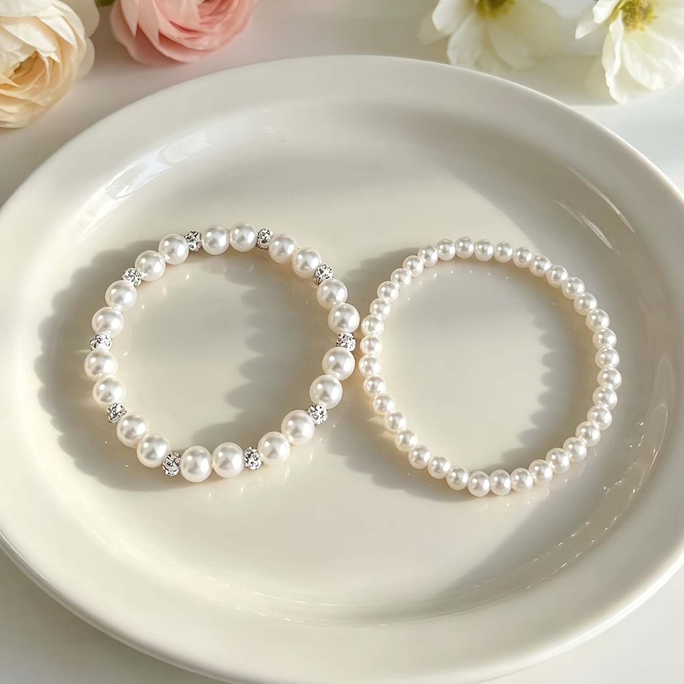 TEMU 2pcs Vintage Inlaid And Women's Beaded Bracelet, Ball Stretch Bracelet, Elegant And Simple French Court Style Bangle, Suitable For Banquets,