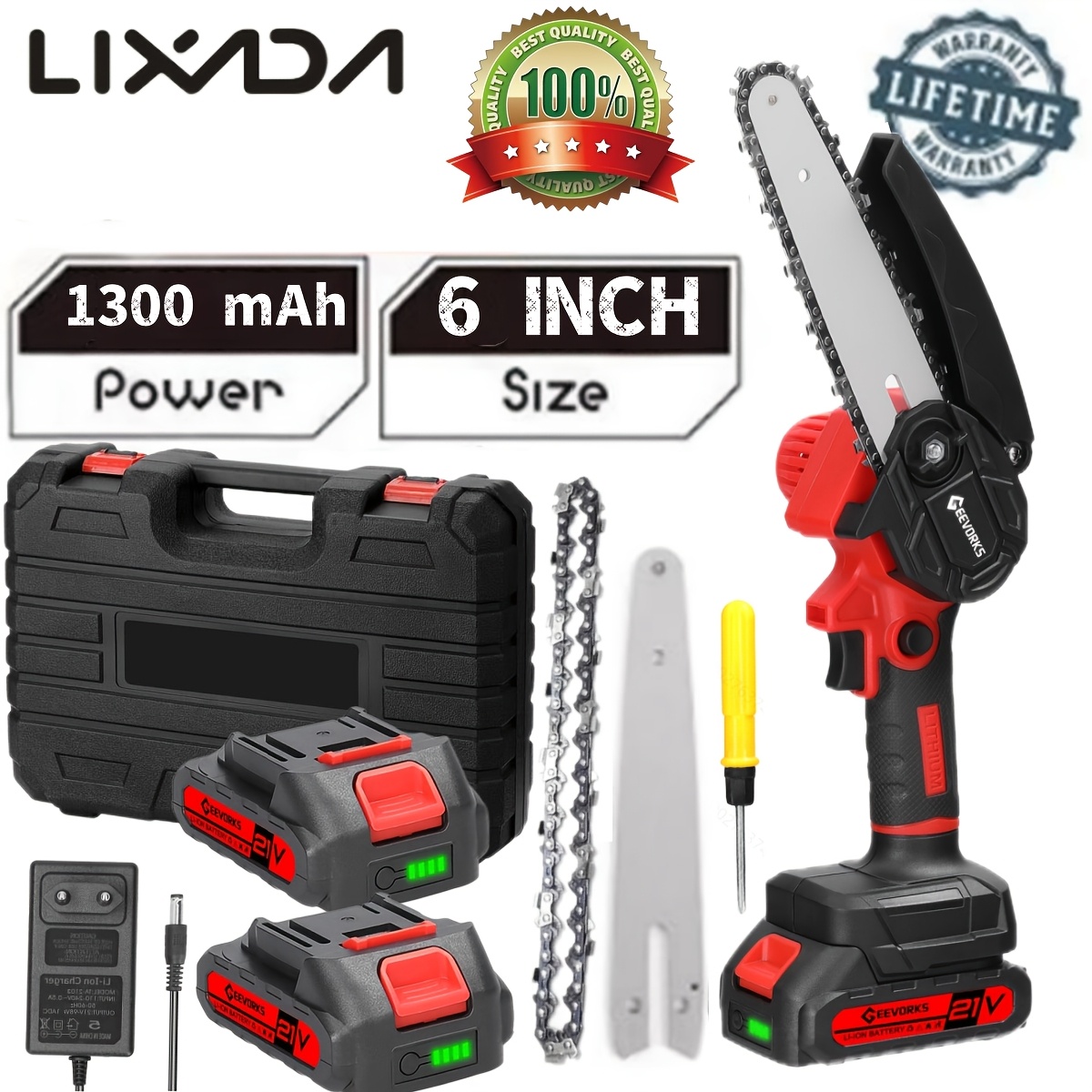 

Lixada 21v 6" Chainsaw Kit - Lightweight, Portable Lithium Battery With Safety Lock, Includes 2 Batteries & Storage Box - Smooth, Efficient Cutting For Woodworking & Garden