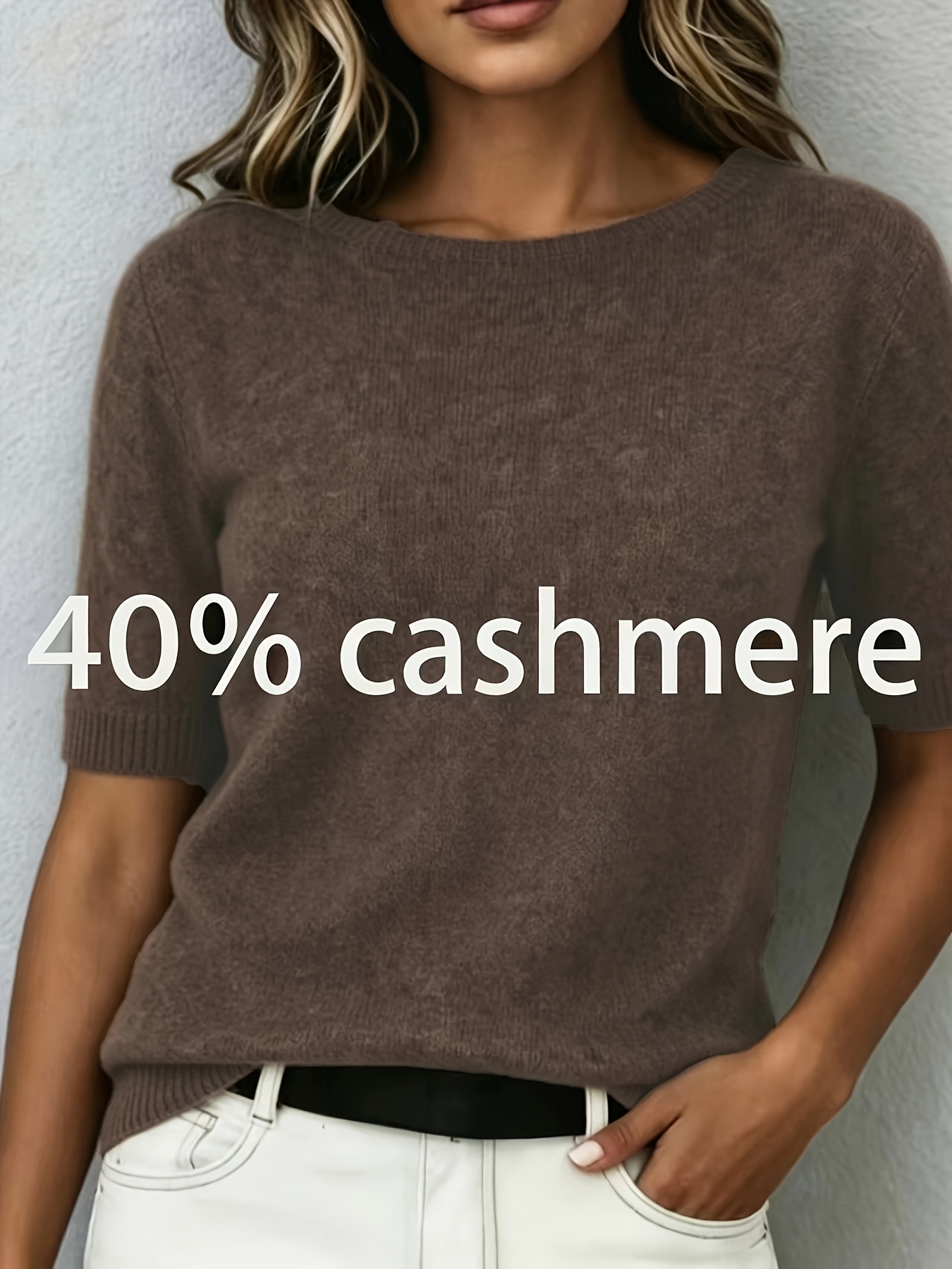 item picture womens cashmere short sleeve round neck   soft comfortable   t shirt versatile and fashionable commuting casual elegant french   lazy style base layer pullover shirt